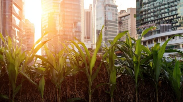 Urban garden with corn plants growing in city landscape during sunset