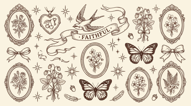 Vintage hand drawn botanical sketches of roses and strawberries in antique frames with butterflies and swallow bird, representing classic aesthetic and provides assets for wedding branding