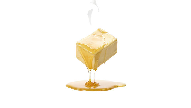 A single square block of yellow butter melting and dripping onto a flat surface, captured against a solid black background, for contrast
