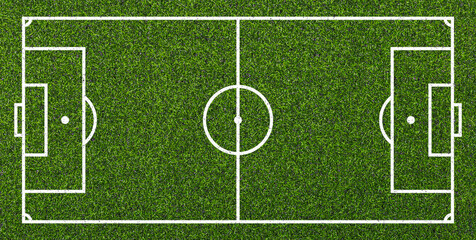 Artificial soccer field top view with white markings on green turf texture. Sports background for tactics, training, stadium, match planning, and game design. © natrot
