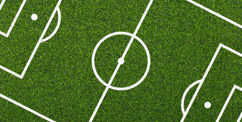 Artificial soccer field with white markings on green turf texture. Sports background for soccer tactics, training ground, stadium, match planning, and game design. © natrot