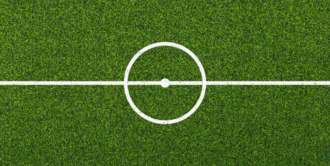 Artificial soccer turf with white center line and circle marking on green grass texture. Sports background for soccer field, training ground, stadium, and game design. © natrot