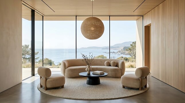 Modern living room with comfortable sofa and armchairs by large window