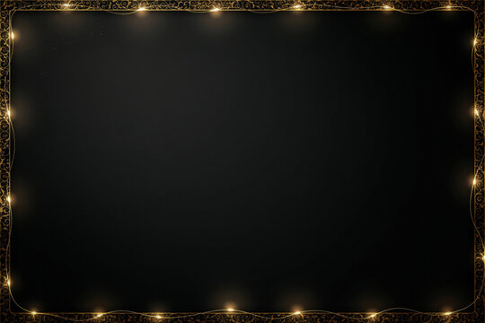Elegant gold fairy lights frame on black background, glowing string light border for festive celebration, luxury holiday invitation backdrop