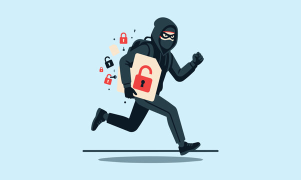 Flat vector illustration of a masked hacker running with a stolen cloud icon and unlocked padlock, surrounded by scattered password keys. 
