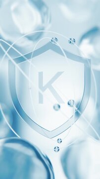 Phylloquinone Vitamin K blue shield symbol in 3D animation. Blood coagulation molecular structure background with transparent liquid cells for medicine and hematology video