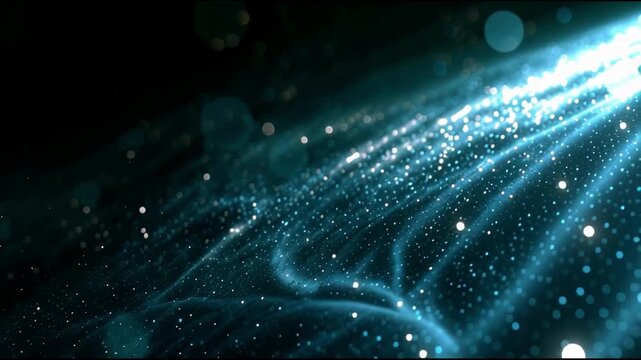 Deep space scene with blue glowing particle wave and black void in panoramic widescreen, seamlessly looped video
