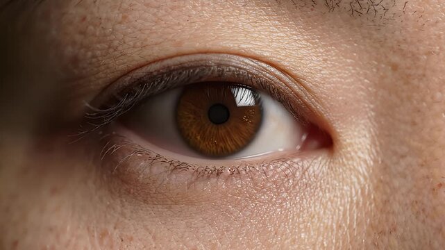 Extreme Close up of Human Brown Eye Pupil Contraction. High detail macro footage of eye anatomy, light sensitivity, and physiological response of the iris in medical research.