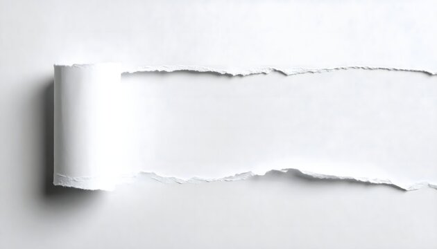 Tira de papel blanco rasgado desenrollada sobre fondo claro en una composici&oacute;n minimalista con textura y espacio para texto