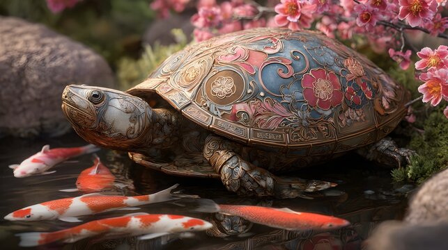 Ornate turtle with koi fish in serene garden pond with ultra realistic turtle ornate shell design beautiful blossoms wildlife colorful peaceful