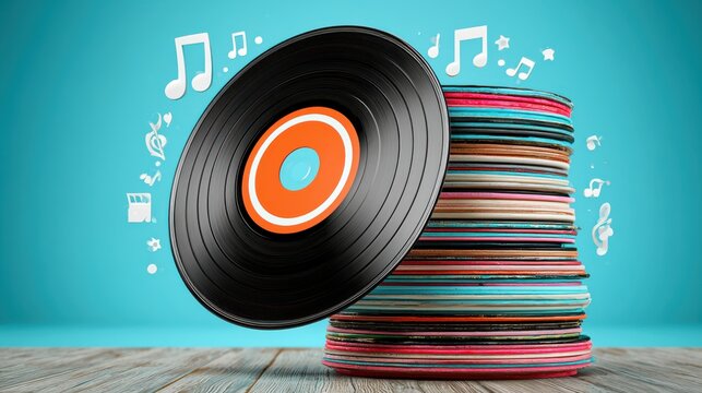 A stack of colorful vinyl records with one vinyl floating above, surrounded by musical notes against a blue background.