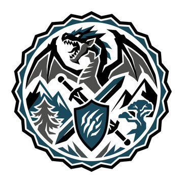 Circular fantasy emblem featuring a dragon, swords and shield