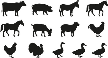 Farm Animal Silhouette Icon Set with Black Livestock and Poultry Shapes for Agricultural Branding and Rural Graphic Designs © mdferozhossain