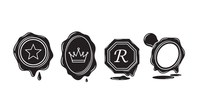 Black and white wax seal stamps with star, crown, and monogram designs.