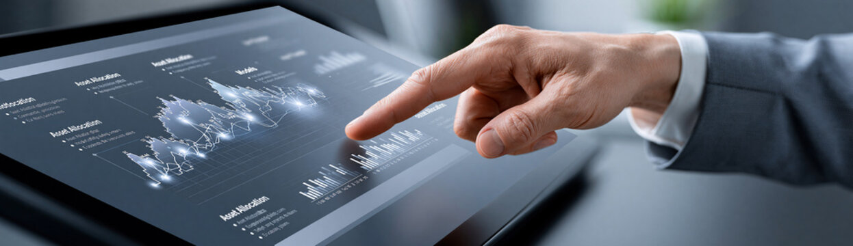 A professional setting where a financial advisor points at a chart showing various asset allocation models on a large screen. The composition is clean, with enough copy space for text.