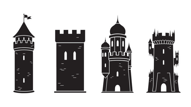 Black and white illustration of four medieval castle towers.