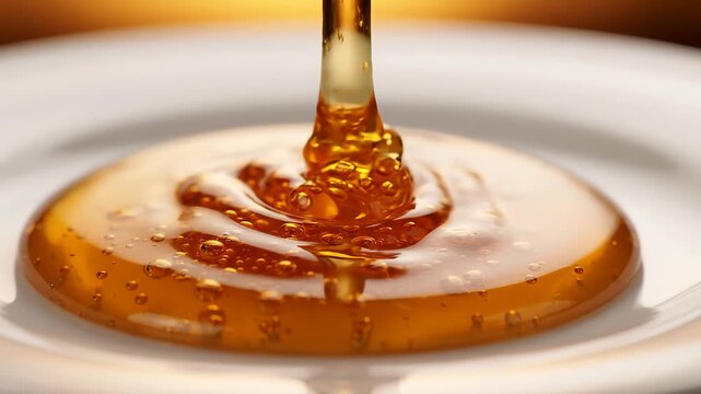 Golden honey pouring onto a white plate, close up macro shot of liquid nectar texture with light bubbles. Organic syrup flowing for culinary food preparation and delicious dessert presentation.