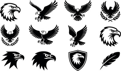 Fototapeta premium Eagle mascot logo silhouette vector set featuring bald eagle heads flying birds shield and feather emblem
