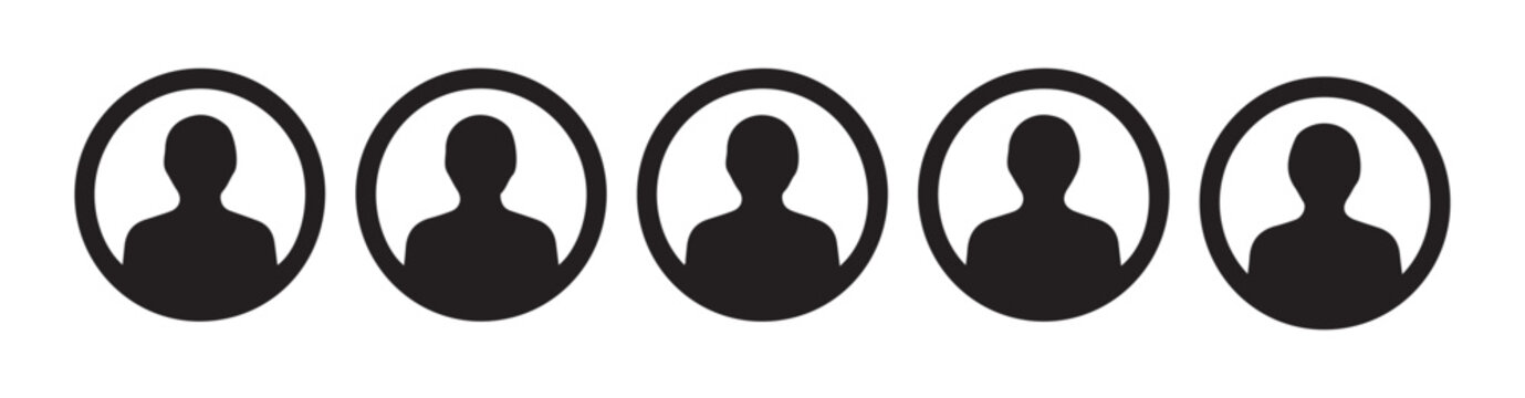 Five simple circular silhouette profile icons for user account and person identification on transparent background.