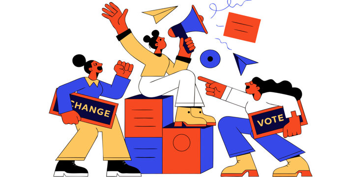 Illustration - people protesting and advocating for change -character in elevation view isolated on transparent background - 2D
