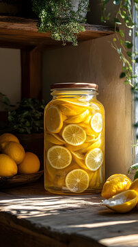 Lemon slices preserved in a glass jar stand on a rustic wooden counter bathed in warm sunlight near a green plant.