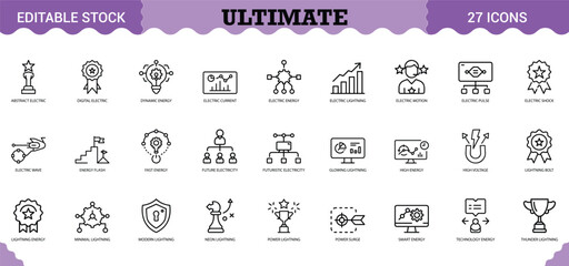 PrintUltimate Icon Set - 27 Editable Vector Icons for Success, Energy & Innovation. Features achievement trophies, electric power symbols, growth charts, and strategic planning graphics. Perfect for b © BHUIYAN VECTOR