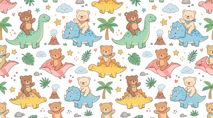 Fototapeta premium Whimsical seamless pattern of happy teddy bears riding various dinosaurs with trees and volcanoes
