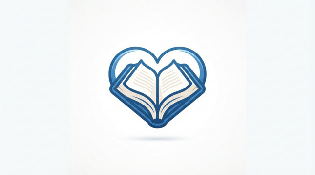 Heart shaped book logo, education icon, love learning symbol, blue vector graphic