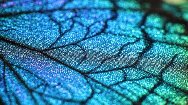 Macro texture of iridescent butterfly wing scales resembling crumpling holographic foil with vibrant blue and green colors