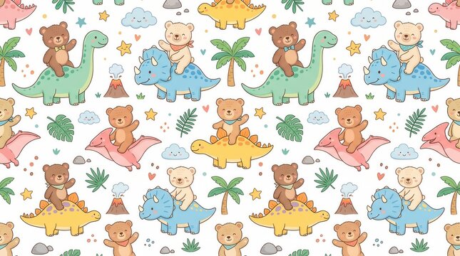 Whimsical seamless pattern of happy teddy bears riding various dinosaurs with trees and volcanoes