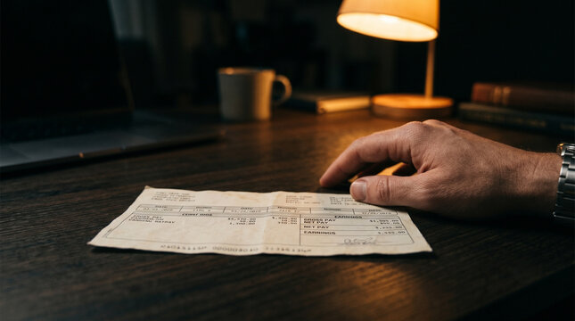 Close up of a hand resting near a printed payslip document on a dimly lit desk
