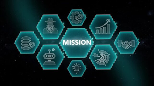 Corporate mission statement infographic with hexagonal and business strategy symbols