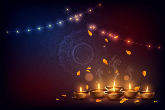 Diwali festival background with glowing oil lamps, traditional diya oil lamps on dark background, festive lights and falling flower petals