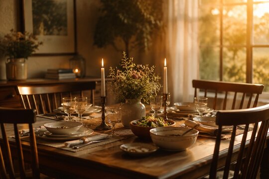 A family dining table set for a meal in the golden hour with two lit candles.