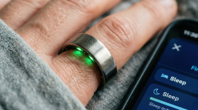 Smart ring wearable technology health monitoring finger ring pulse sensor mental health digital device close up hand technology wellness biometric