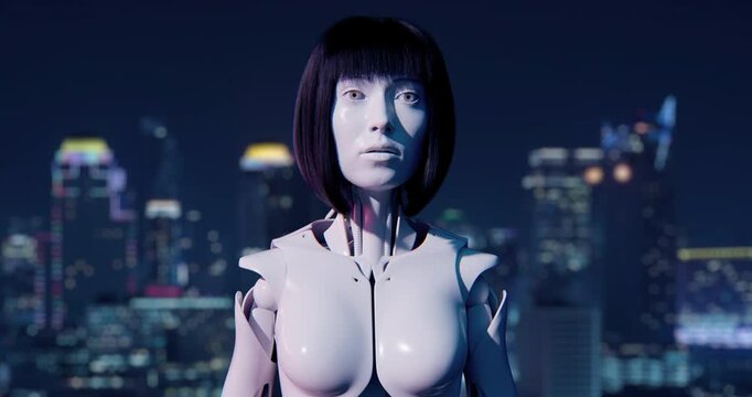 Futuristic 3D portrait of a female humanoid robot with dark bob hair against a blurred night city skyline.