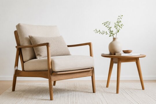 Minimalist Nordic chair and side table arrangement, featuring clean lines and natural wood tones.