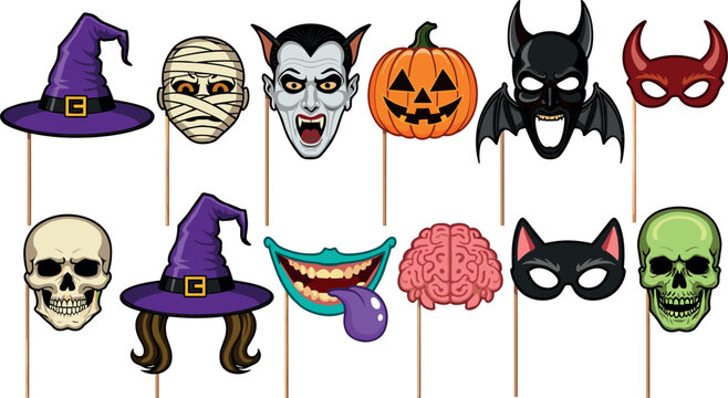 Halloween photo booth props vector set featuring witch hat mummy vampire pumpkin bat skull and brain