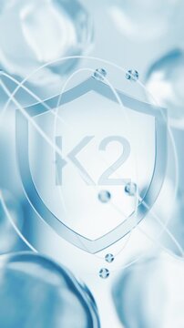 Menaquinone Vitamin K2 blue shield symbol in 3D animation. Calcium metabolism and bone health molecular structure background with transparent liquid cells for medical video