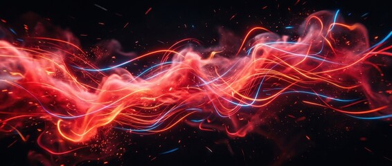 Obraz premium Cinematic red and blue electric light trails flowing through mist on black background.