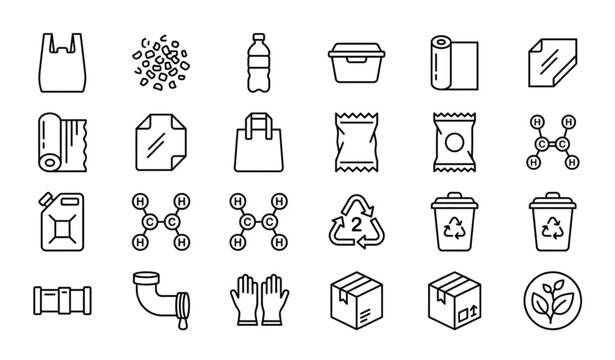 Polyethylene and Polythene Thin Line Icon Set with Plastic Materials Packaging Recycling and Polymer Industry Symbols