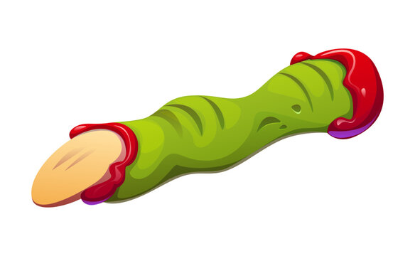 Cartoon Halloween candy green zombie finger with red jam. Sweet monster finger covered in strawberry jam. Vector scary snack for Halloween treats and kids party