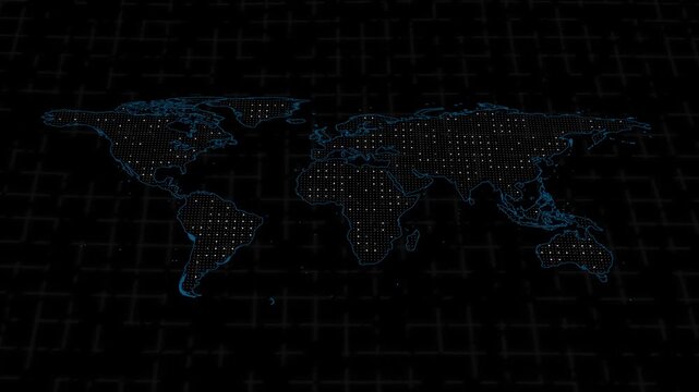 Dotted world chart designs plot international freight transport networks on grid paths. Global supply chain monitoring stations apply a dotted world chart design template.