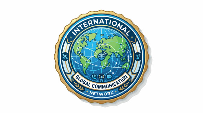 Circular world map badge featuring a blue globe and green continents inside a gold ring, an international patch emblem
