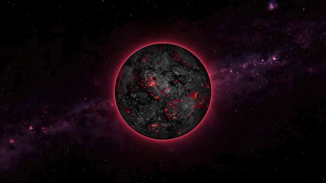 Volcanic lava world spheres rotate active thermal geological current lines in deep cosmos. Creative space exploration games utilize a volcanic lava world spheres asset.