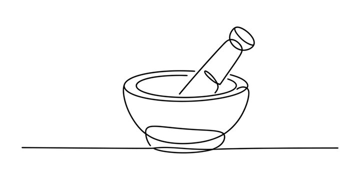 Continuous single line drawing of a mortar and pestle for grinding herbs and spices for cooking or medicine isolated on white background Vector, illustration