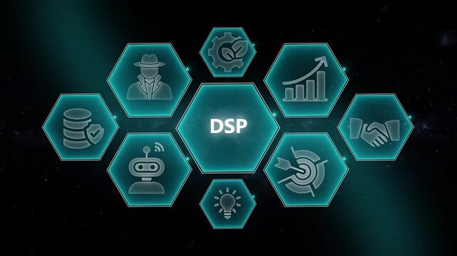 Digital signal processing (dsp) technology concept with futuristic hexagon infographic ui