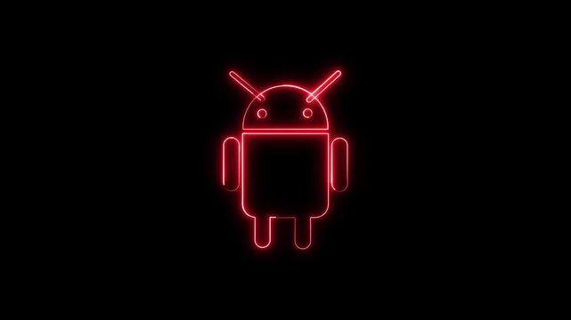 Robot logo icon paths outline mobile operating system application design codes on black. Smart device configuration screens present a robot logo icon paths animation loop.