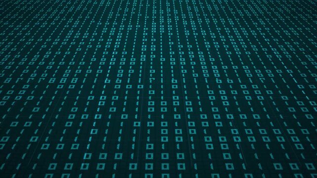 Digital technology data animation cascades vertical binary information lines over screens. Internet communication software applications use a digital technology data animation.