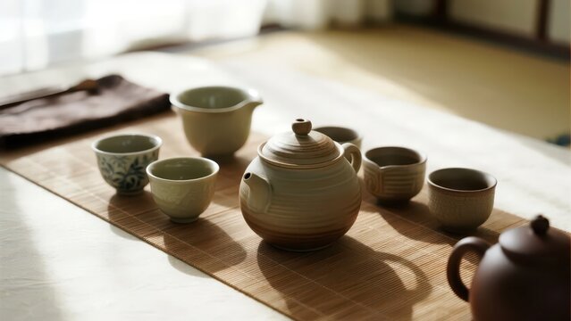 Coarse pottery lifting handle tea set placed on bamboo tea tray, warm tatami light new Chinese ceramic tea table still life photography material